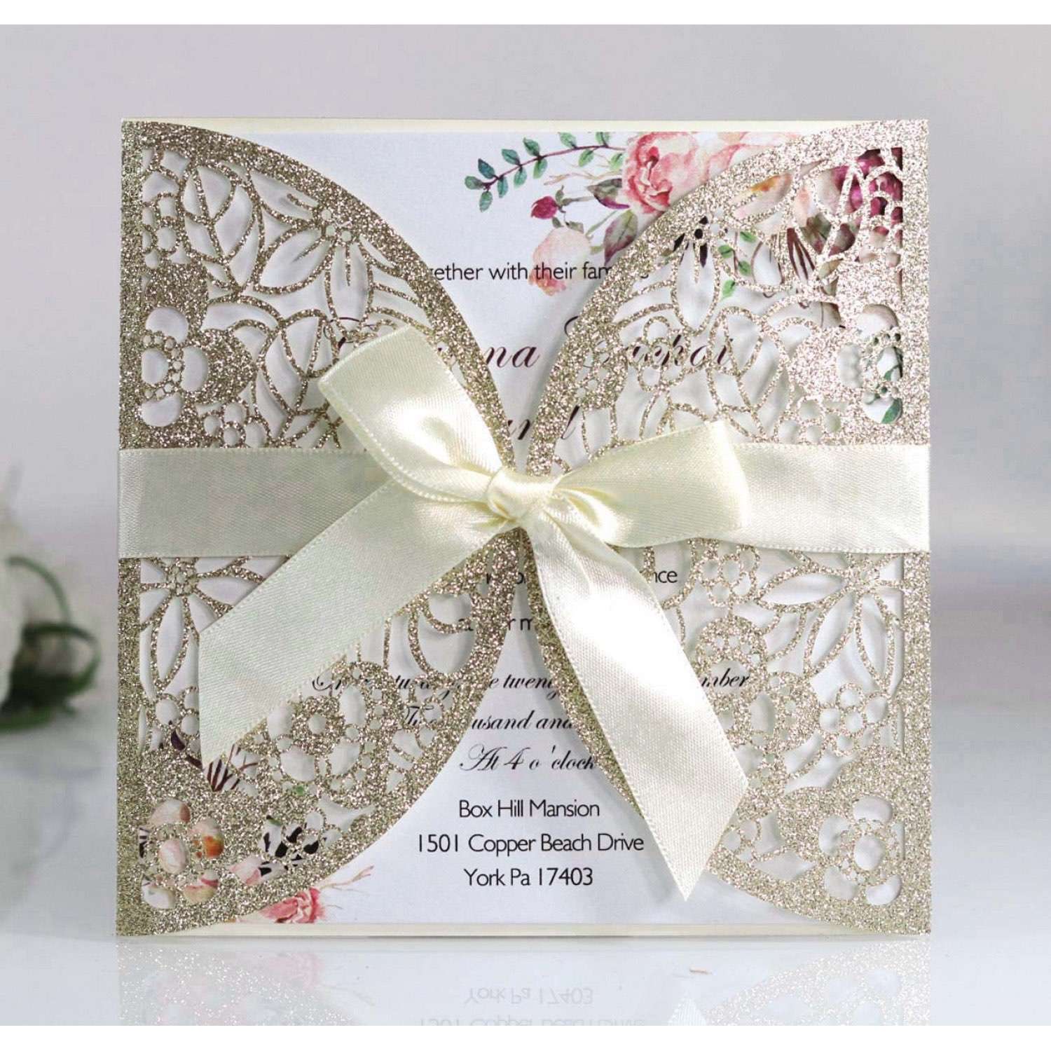 Square Invitation Card With Ribbon Bow Glitter Paper Laser Cut Teachers' Day Greeting Card